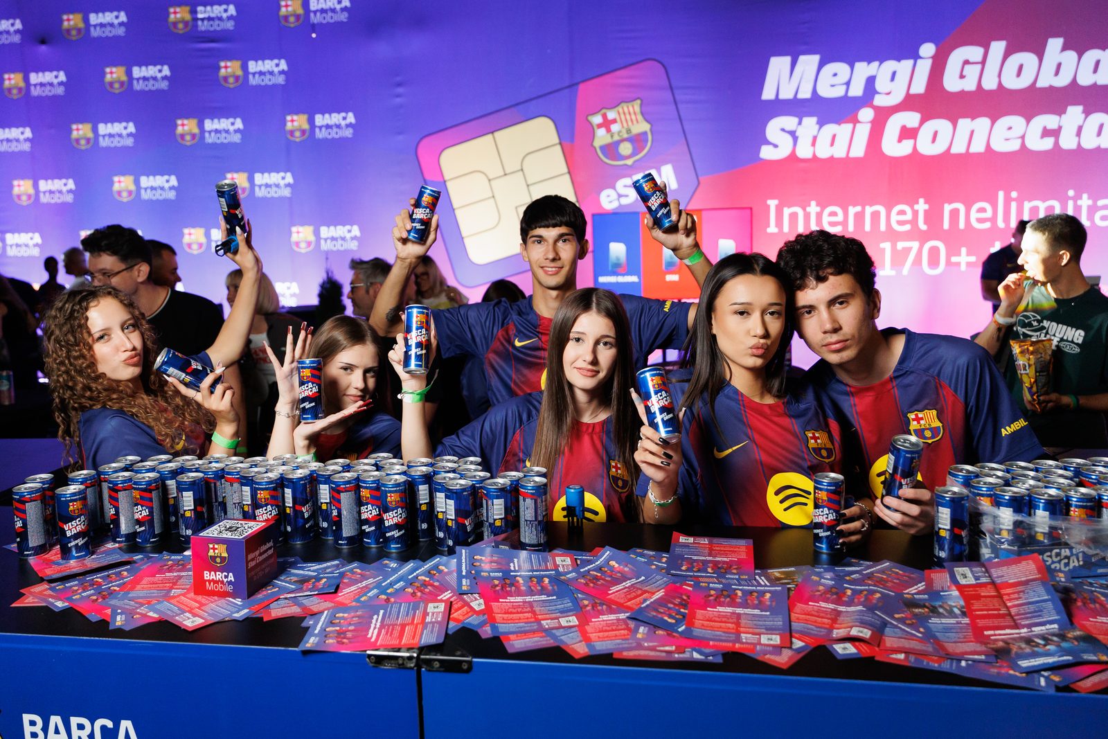 Fans with Barça Energy Drink at the Barça Mobile stand